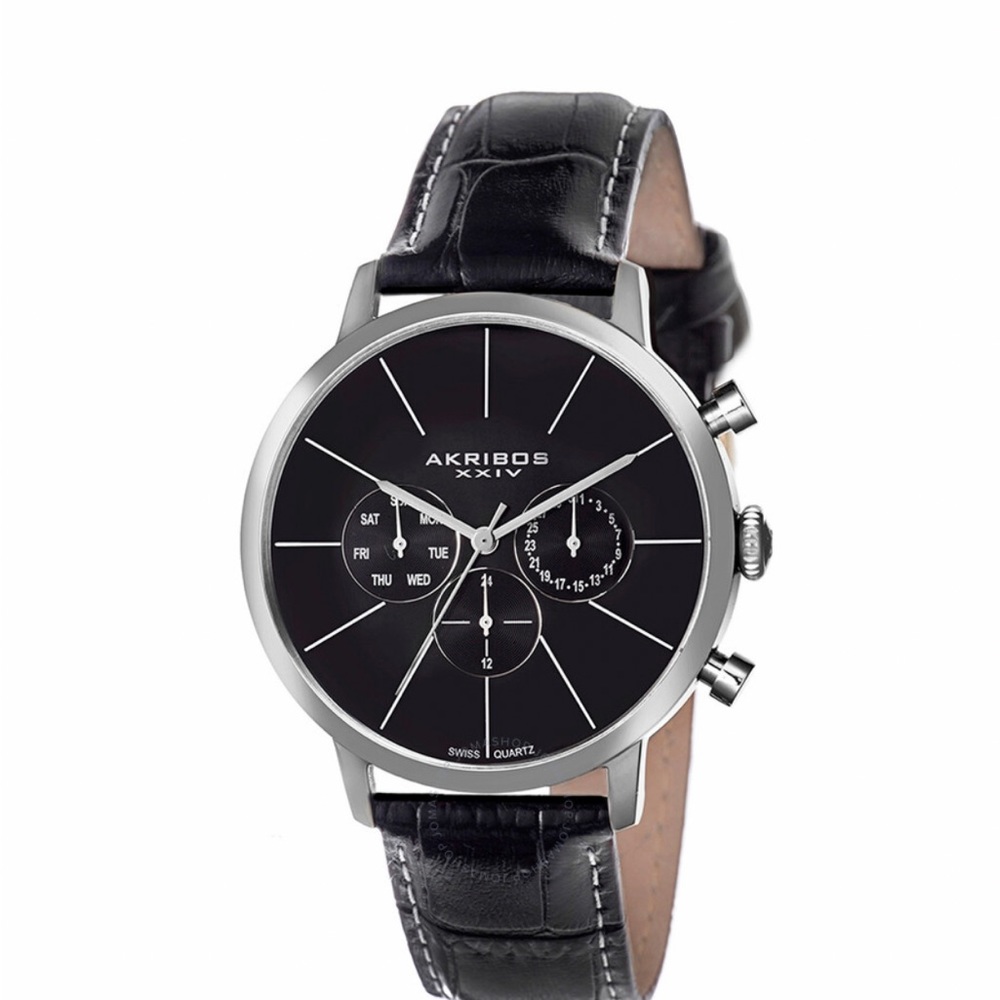 Akribos XXIV Swiss Quartz Men’s Black Leather Watch